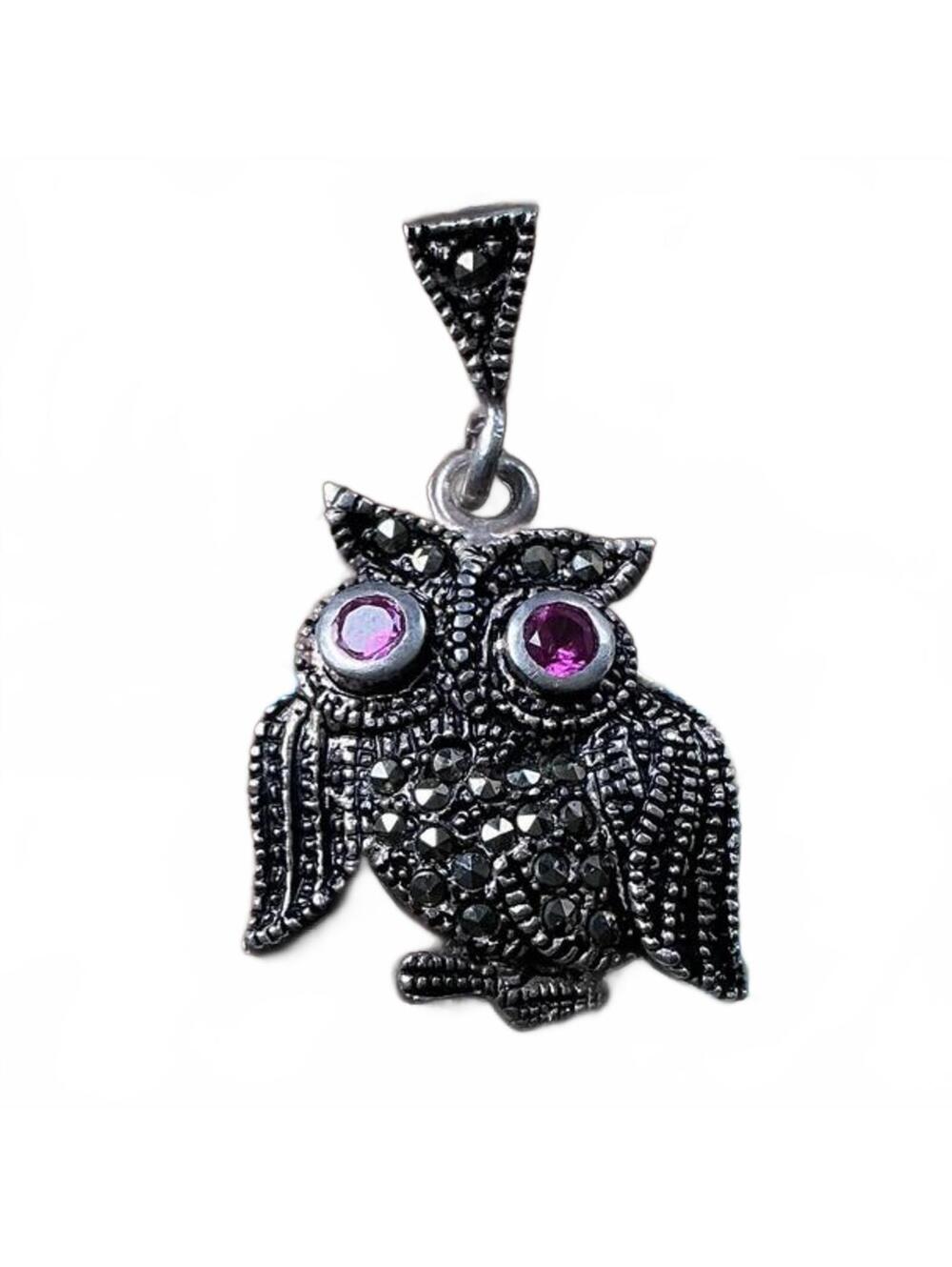 Vintage Owl Pendant in 925 Silver w/ Pink Gemstone Eyes and Marcasite Accents